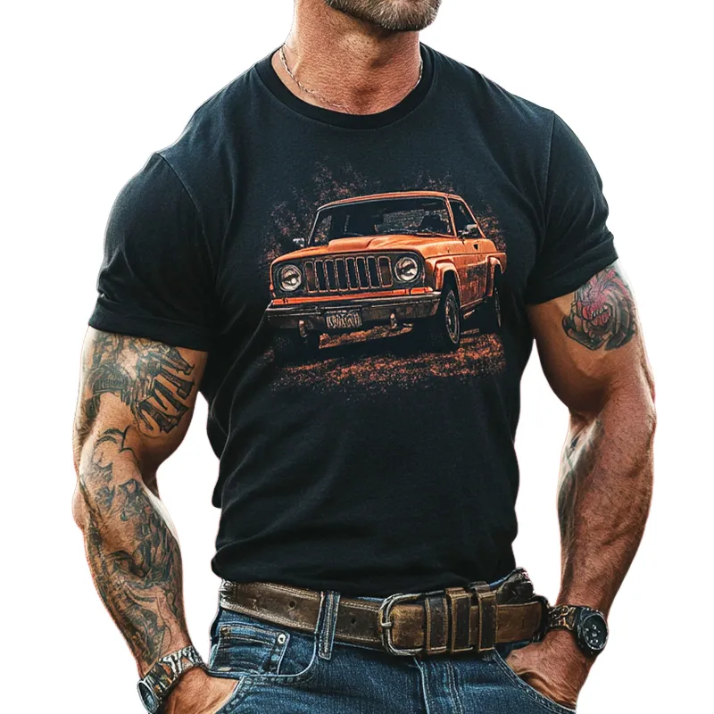 Men's Retro Casual Jeep Printed Round Neck Short Sleeve T-Shirt 20290790TO sold by Manly