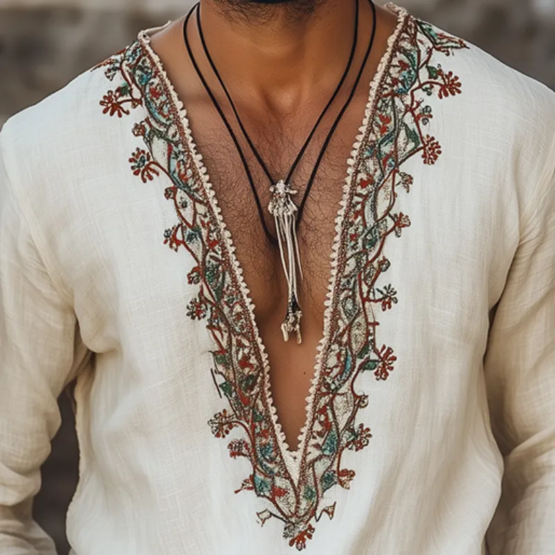 Men's Retro Casual Embroidered Linen V-Neck Long Sleeve Shirt 27818860TO sold by Manly product image thumbnail 3