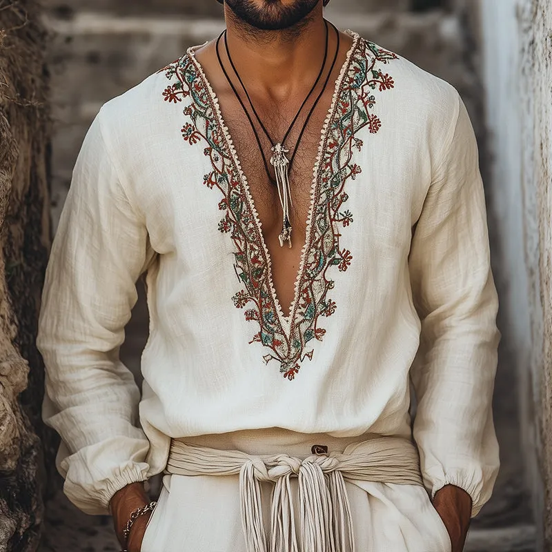 Men's Retro Casual Embroidered Linen V-Neck Long Sleeve Shirt 27818860TO sold by Manly product image thumbnail 2