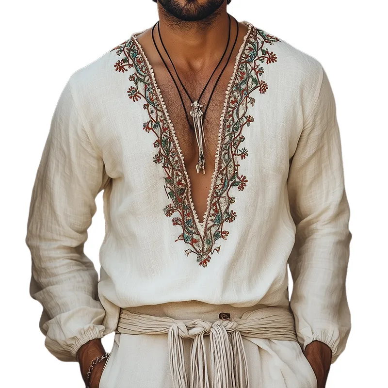Men's Retro Casual Embroidered Linen V-Neck Long Sleeve Shirt 27818860TO sold by Manly