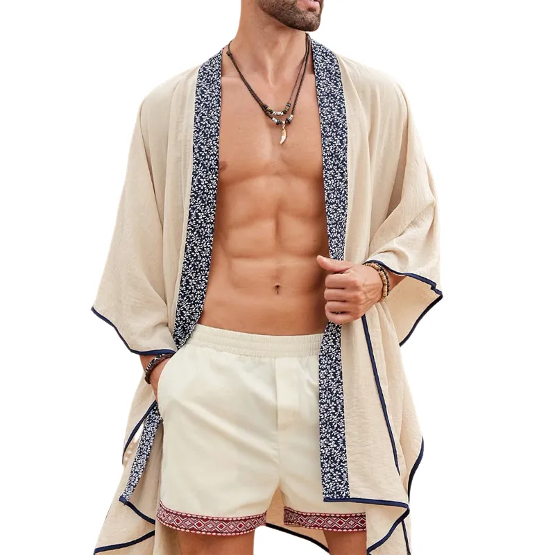 Men's Casual Loose Cotton and Linen Wide Sleeve Buttonless Cardigan 56124139U sold by Manly