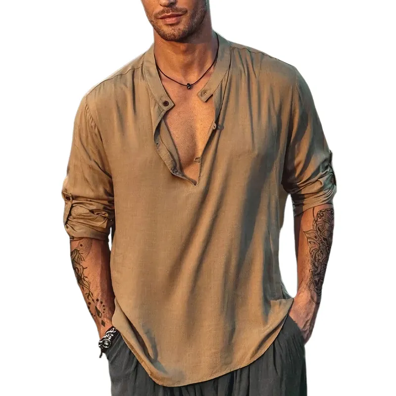 Men's Casual Skin-friendly Khaki Henry Collar Long Sleeve T-Shirt 71287123U sold by Manly