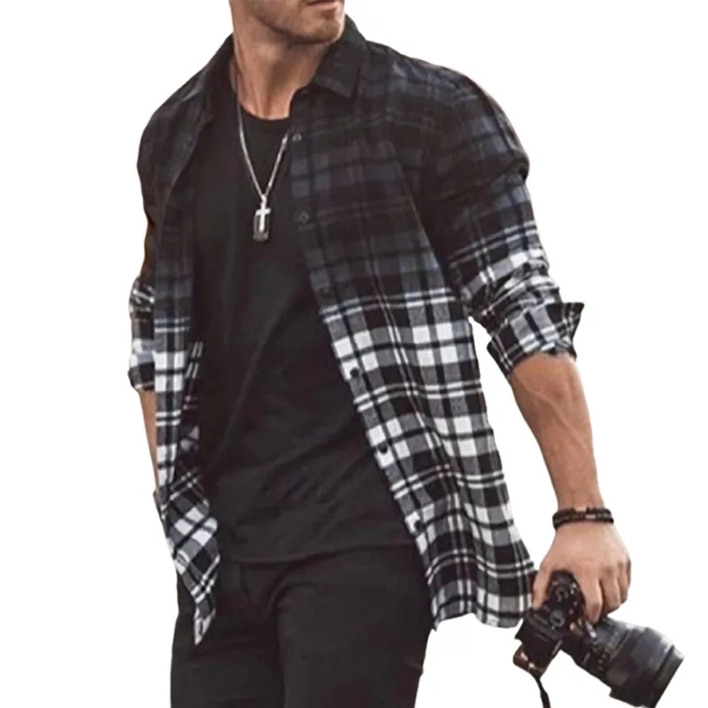 Men's Casual Loose Gradient Plaid Shirt 24273798U sold by Manly