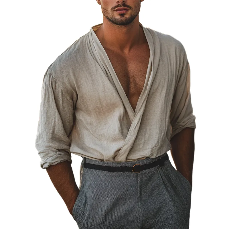 Men's Casual Loose Cotton and Linen Khaki Long-sleeved Button-less Shirt 88369170U sold by Manly