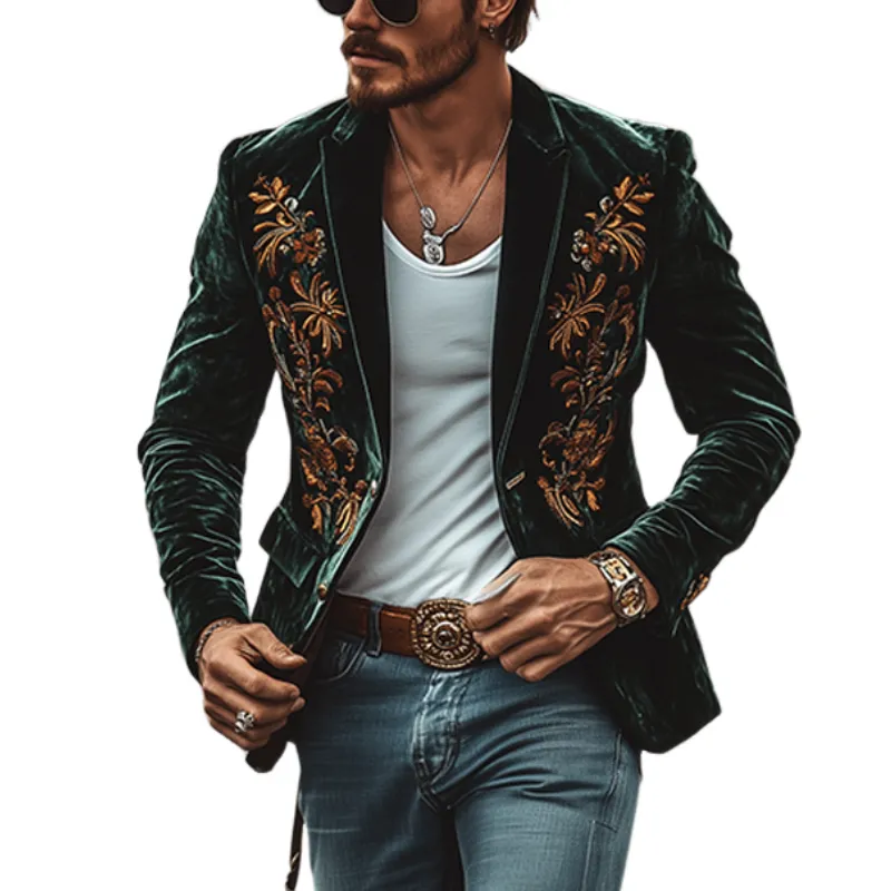 Men's Classic Retro Single-breasted Two-button Velvet Embroidered Blazer 47867176K sold by Manly