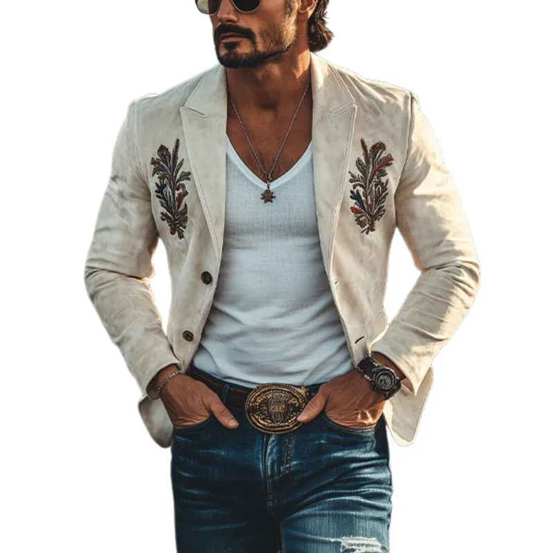 Men's Fashion Spring and Summer American Western Style Suede Embroidered Blazer 06689799K sold by Manly