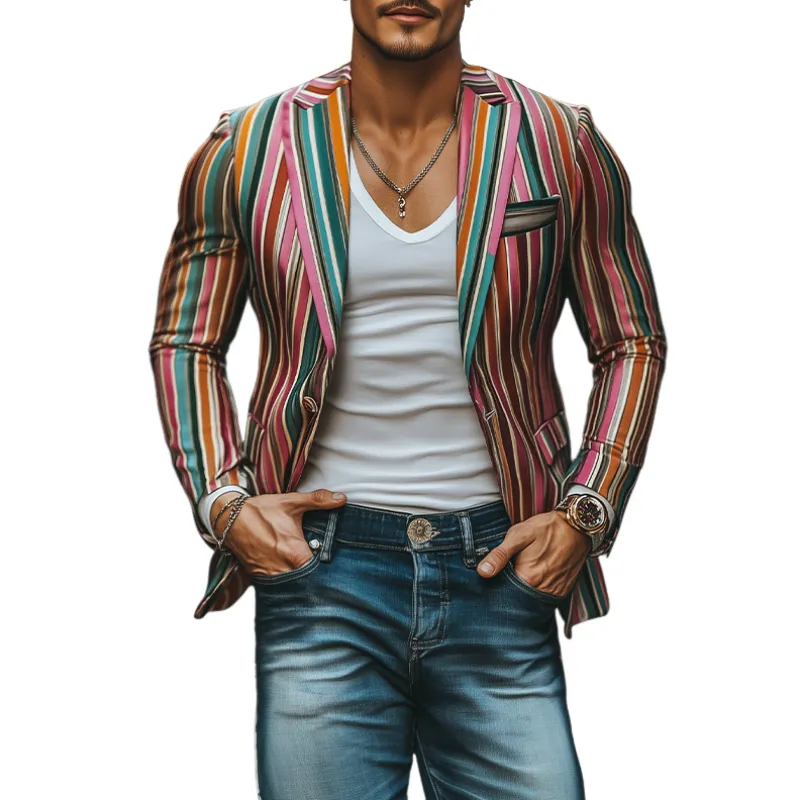 Men's Spring and Summer Casual Contrast Striped Single-breasted Blazer 17095211K sold by Manly