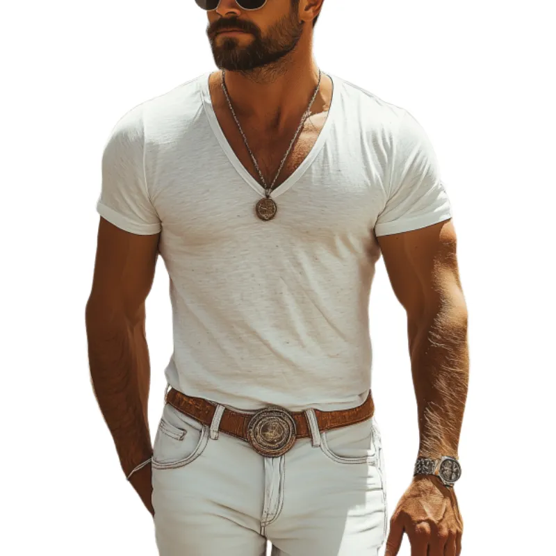 Men's Classic Casual Skin-friendly Slim Bamboo Cotton Deep V-neck T-shirt 38754007K sold by Manly