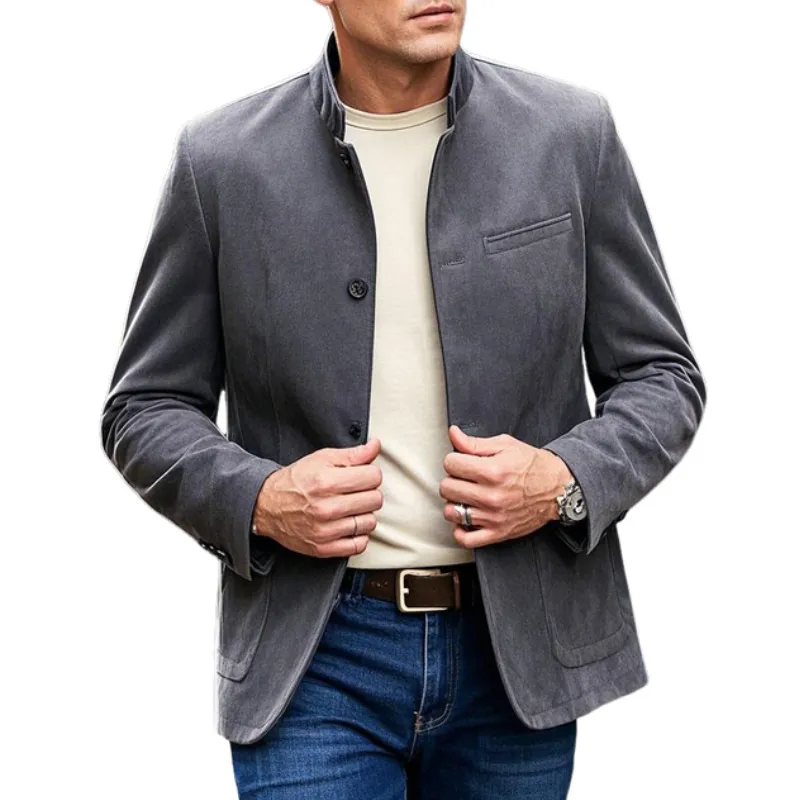 Men's Casual Suede Stand Collar Single Breasted Blazer 07470931F sold by Manly