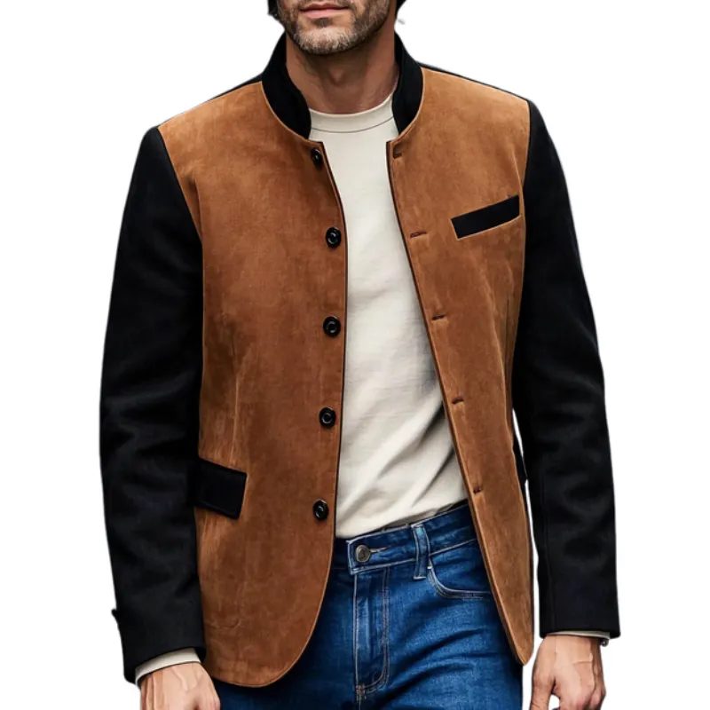 Men's Casual Suede Contrast Patchwork Stand Collar Single Breasted Blazer 31164922F sold by Manly
