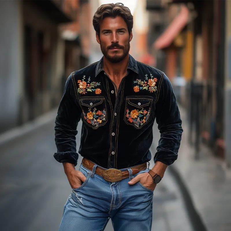 Men's Classic American Retro Western Style Velvet Embroidered Shirt 25970606K sold by Manly product image thumbnail 2