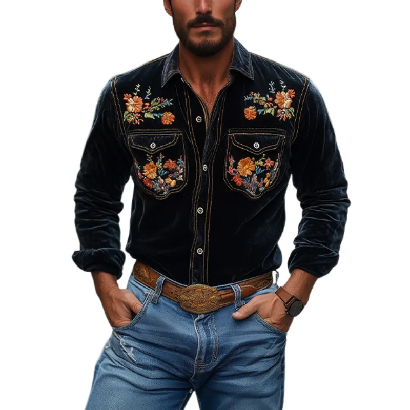 Men's Classic American Retro Western Style Velvet Embroidered Shirt 25970606K sold by Manly