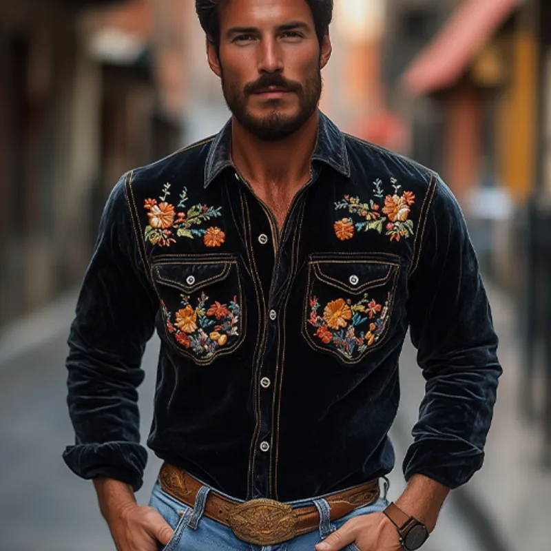 Men's Classic American Retro Western Style Velvet Embroidered Shirt 25970606K sold by Manly product image thumbnail 3