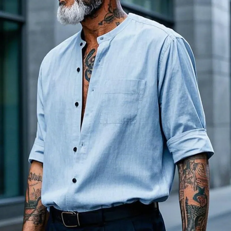 Men's Casual Vintage Collarless Cotton Blend Long Sleeve Shirt 57548357F sold by Manly product image thumbnail 2