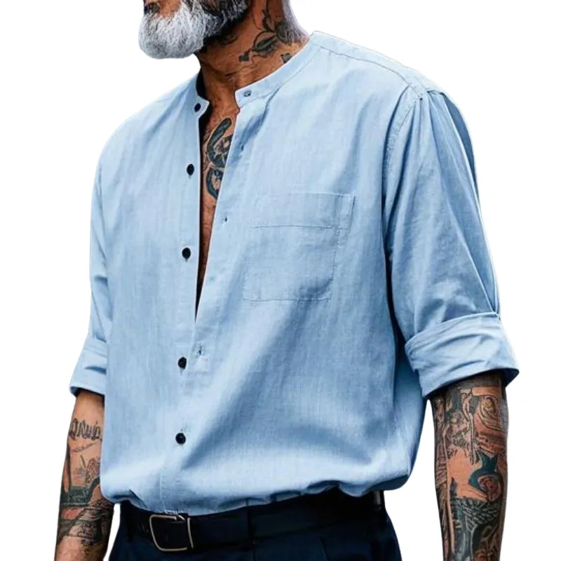 Men's Casual Vintage Collarless Cotton Blend Long Sleeve Shirt 57548357F sold by Manly