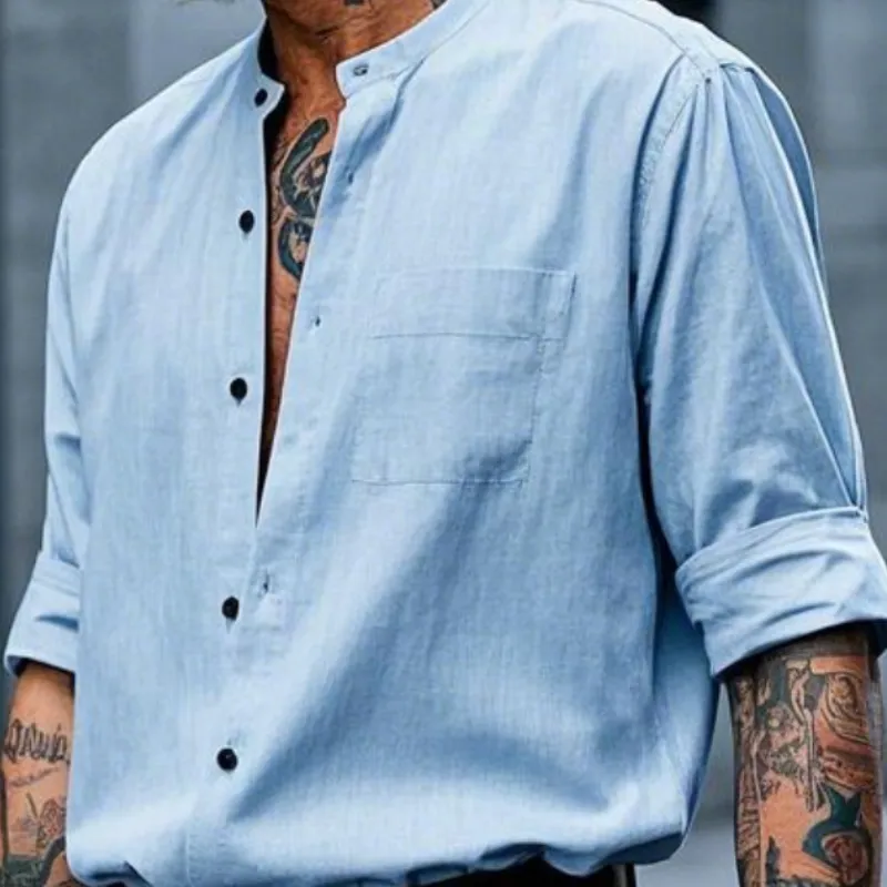 Men's Casual Vintage Collarless Cotton Blend Long Sleeve Shirt 57548357F sold by Manly product image thumbnail 3