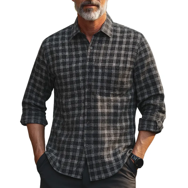 Men's Vintage Casual Lapel Cotton Blend Check Long Sleeve Shirt 91925148F sold by Manly