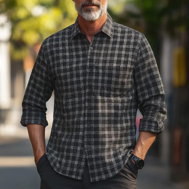 Men's Vintage Casual Lapel Cotton Blend Check Long Sleeve Shirt 91925148F sold by Manly product image thumbnail 2