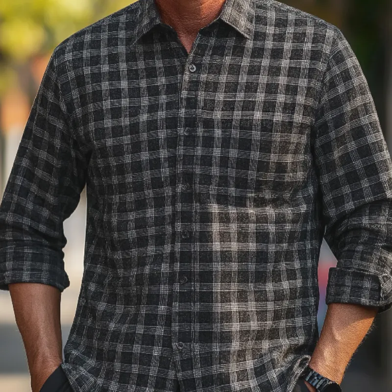 Men's Vintage Casual Lapel Cotton Blend Check Long Sleeve Shirt 91925148F sold by Manly product image thumbnail 3