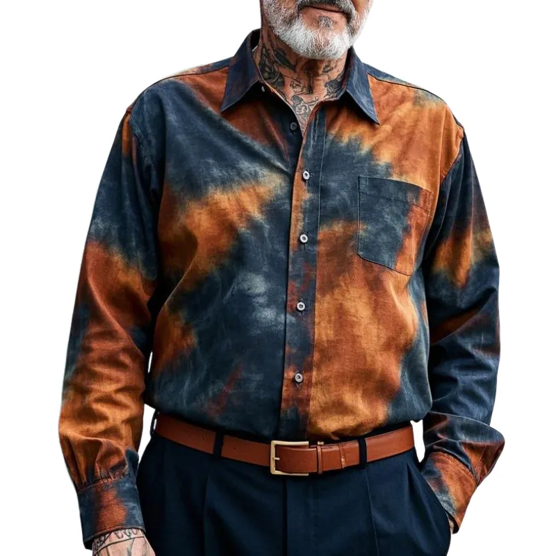 Men's Casual Vintage Lapel Tie-dye Printed Cotton Blend Long-sleeved Shirt 75414768F sold by Manly