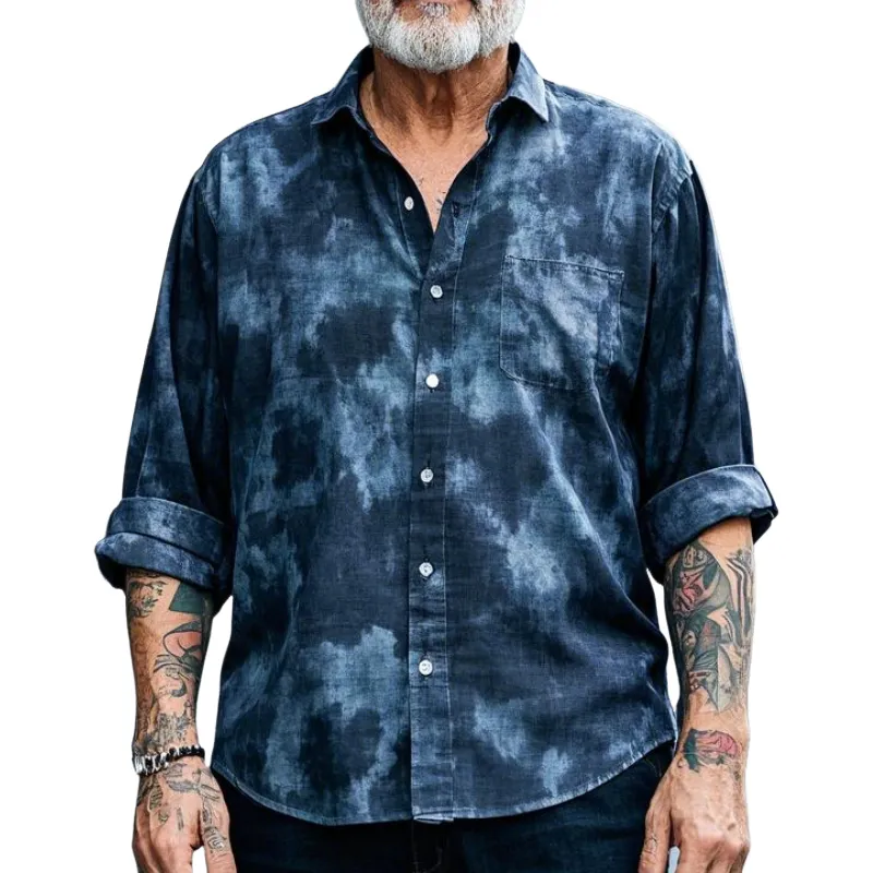 Men's Casual Vintage Lapel Tie-dye Printed Cotton Blend Long-sleeved Shirt 87078339F sold by Manly