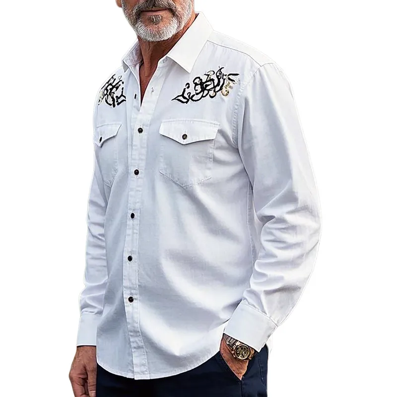 Men's Vintage Classic Lapel Cotton Blend Embroidered Long Sleeve Shirt 80666061F sold by Manly