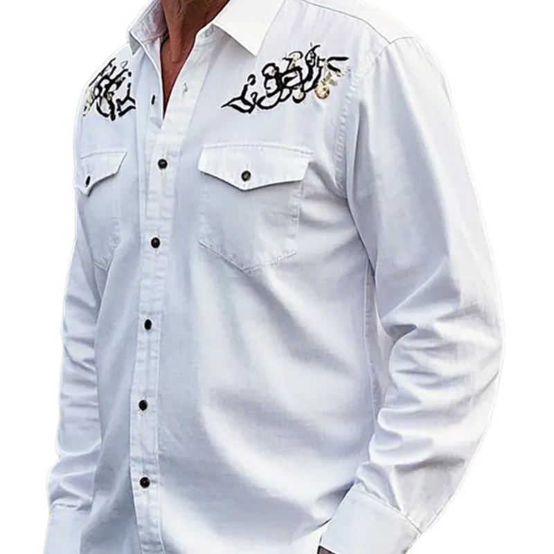Men's Vintage Classic Lapel Cotton Blend Embroidered Long Sleeve Shirt 80666061F sold by Manly product image thumbnail 2