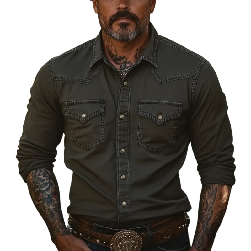 Men's Vintage Casual Lapel Denim Long Sleeve Shirt 55769422F sold by Manly