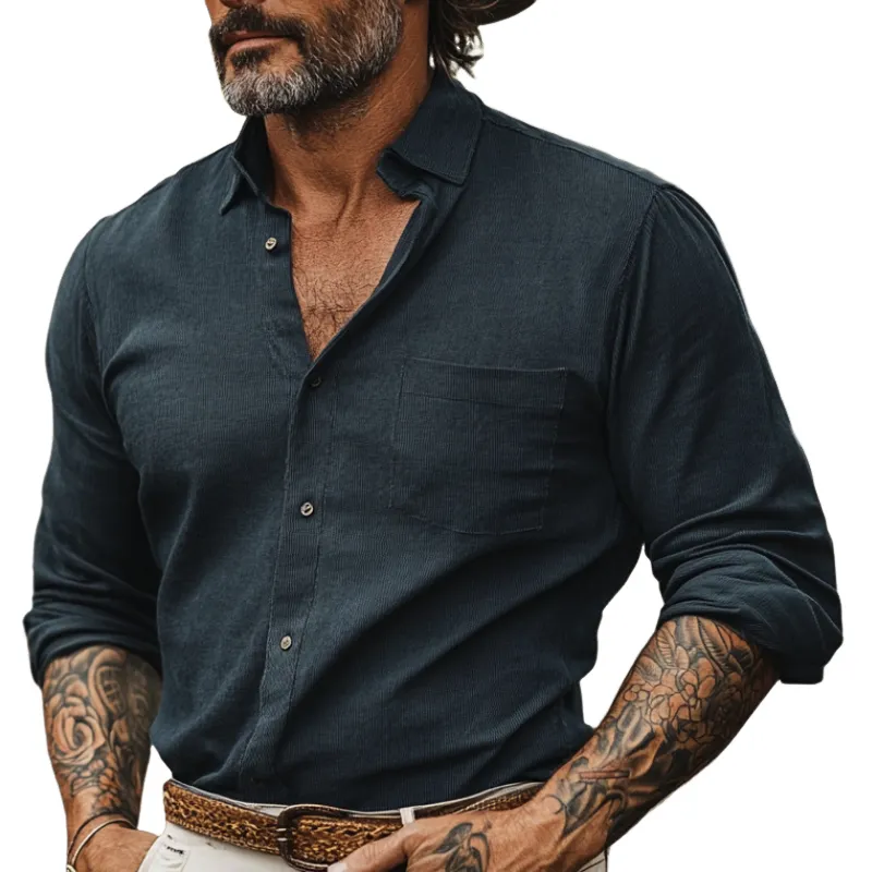 Men's Casual Vintage Lapel Fine Ribbed Long-sleeved Shirt 33804462F sold by Manly