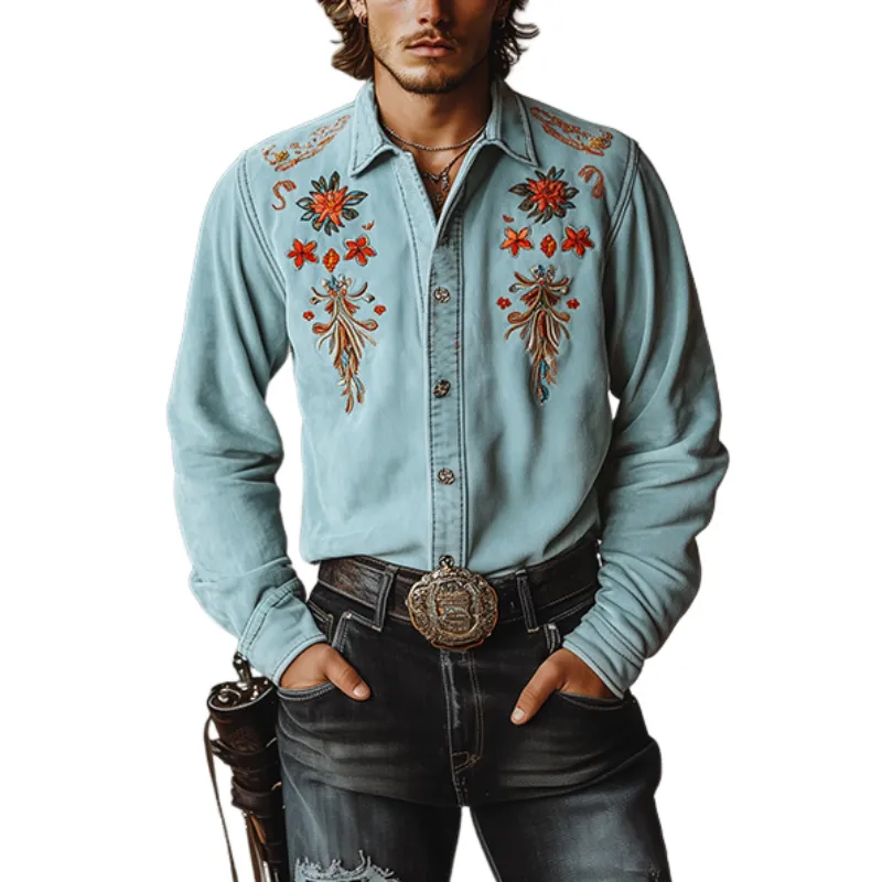 Men's Classic American Retro Casual Western Style Suede Embroidered Shirt 76229903K sold by Manly
