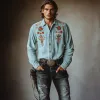 Men's Classic American Retro Casual Western Style Suede Embroidered Shirt 76229903K sold by Manly