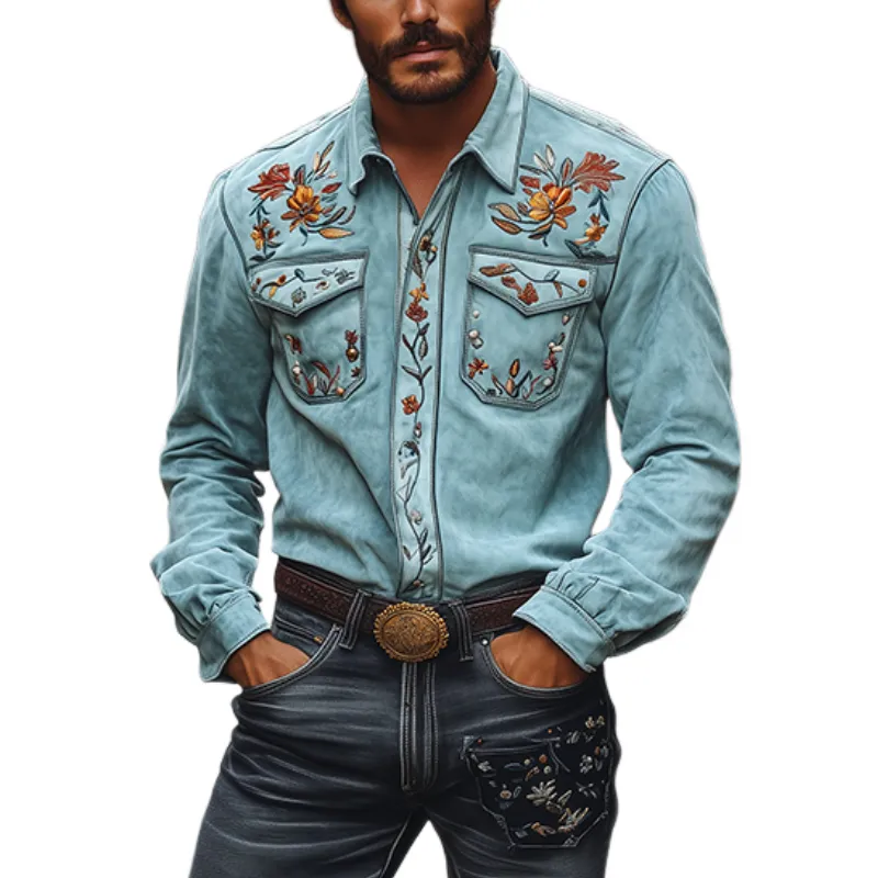 Men's Classic American Retro Western Suede Embroidered Shirt 54064779K sold by Manly