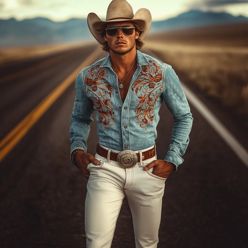 【24-hour shipping out】Men's Classic American Retro Western Suede Embroidered Long Sleeve Shirt 83858595K sold by Manly product image thumbnail 2