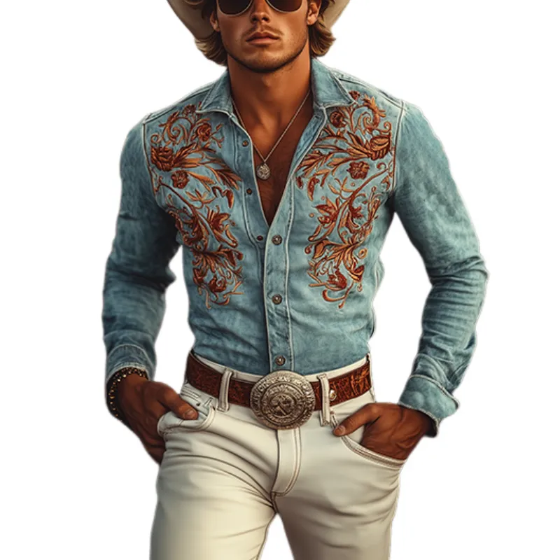 【24-hour shipping out】Men's Classic American Retro Western Suede Embroidered Long Sleeve Shirt 83858595K sold by Manly