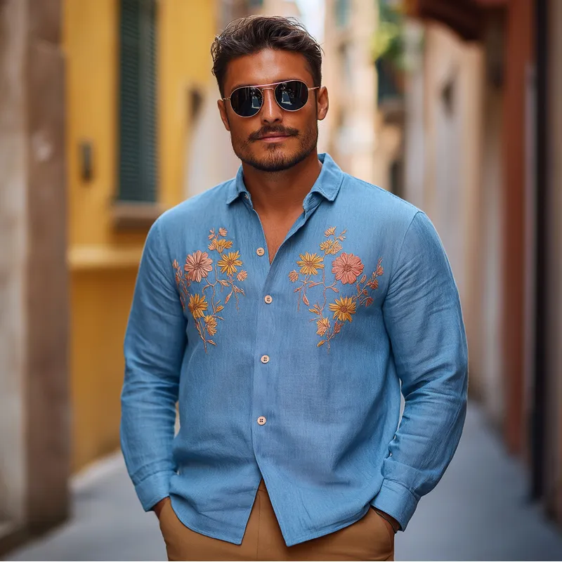 Men's Vintage Casual Cotton and Linen Blend Embroidered Lapel Long-sleeved Shirt 11353790F sold by Manly product image thumbnail 2