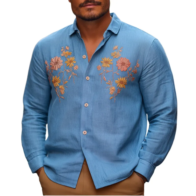 Men's Vintage Casual Cotton and Linen Blend Embroidered Lapel Long-sleeved Shirt 11353790F sold by Manly