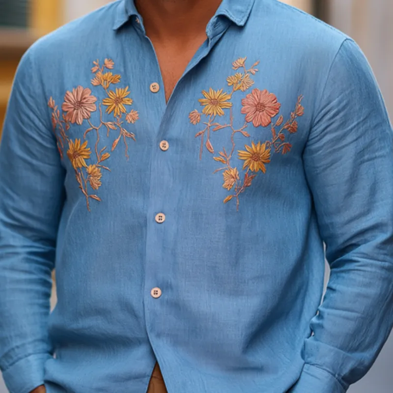 Men's Vintage Casual Cotton and Linen Blend Embroidered Lapel Long-sleeved Shirt 11353790F sold by Manly product image thumbnail 3