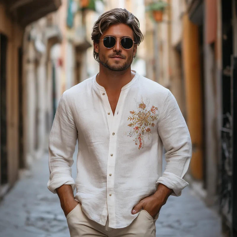 Men's Vintage Casual Cotton and Linen Blend Embroidered Collarless Long-sleeved Shirt 12101503F sold by Manly product image thumbnail 2