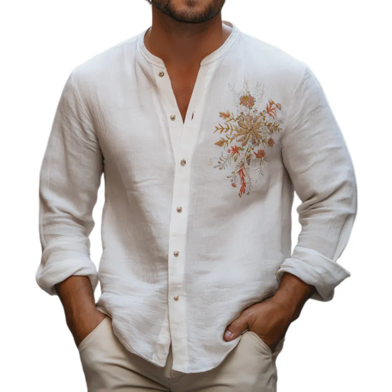 Men's Vintage Casual Cotton and Linen Blend Embroidered Collarless Long-sleeved Shirt 12101503F sold by Manly