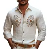 Men's Vintage Casual Cotton and Linen Blend Embroidered Lapel Long-sleeved Shirt 58494228F sold by Manly