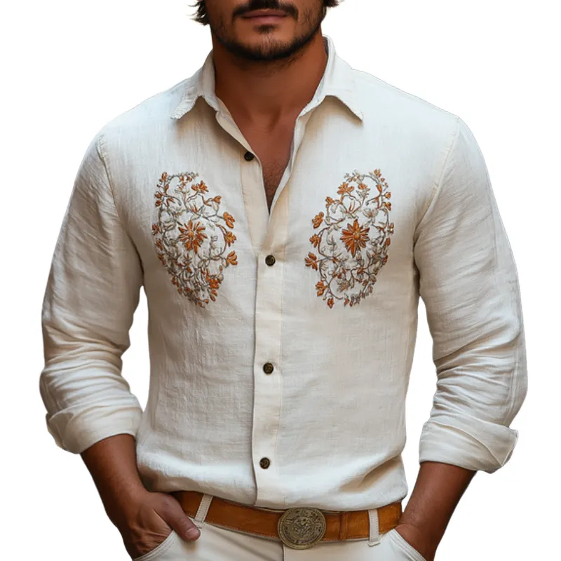 Men's Vintage Casual Cotton and Linen Blend Embroidered Lapel Long-sleeved Shirt 58494228F sold by Manly