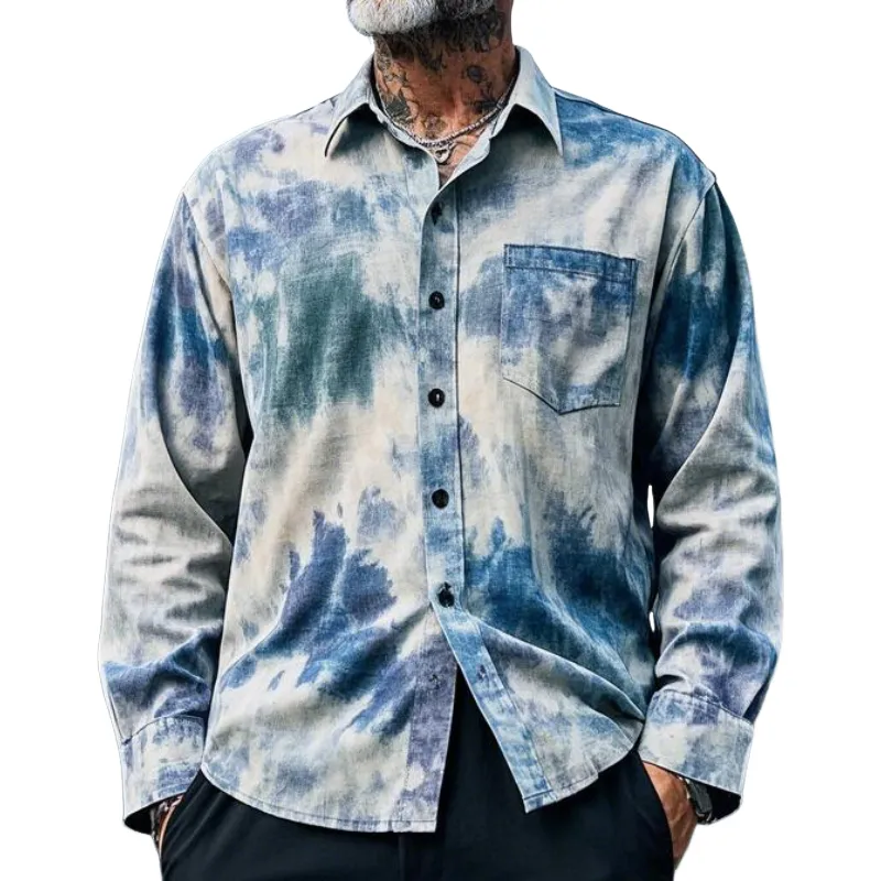 Men's Casual Vintage Lapel Tie-dye Printed Cotton Blend Long-sleeved Shirt 26205876F sold by Manly