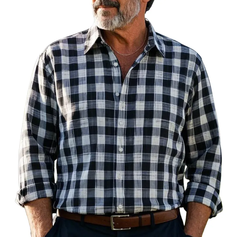 Men's Vintage Casual Lapel Cotton Blend Check Long Sleeve Shirt 13429701F sold by Manly