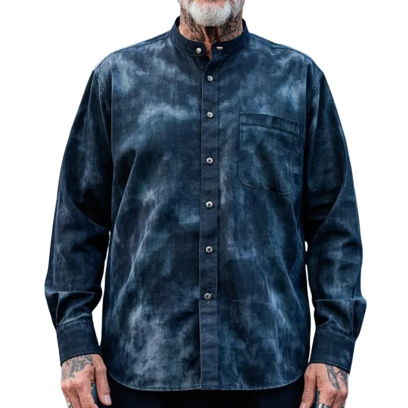 Men's Casual Vintage Stand-up Collar Tie-dye Printed Cotton Blend Long-sleeved Shirt 88264978F sold by Manly