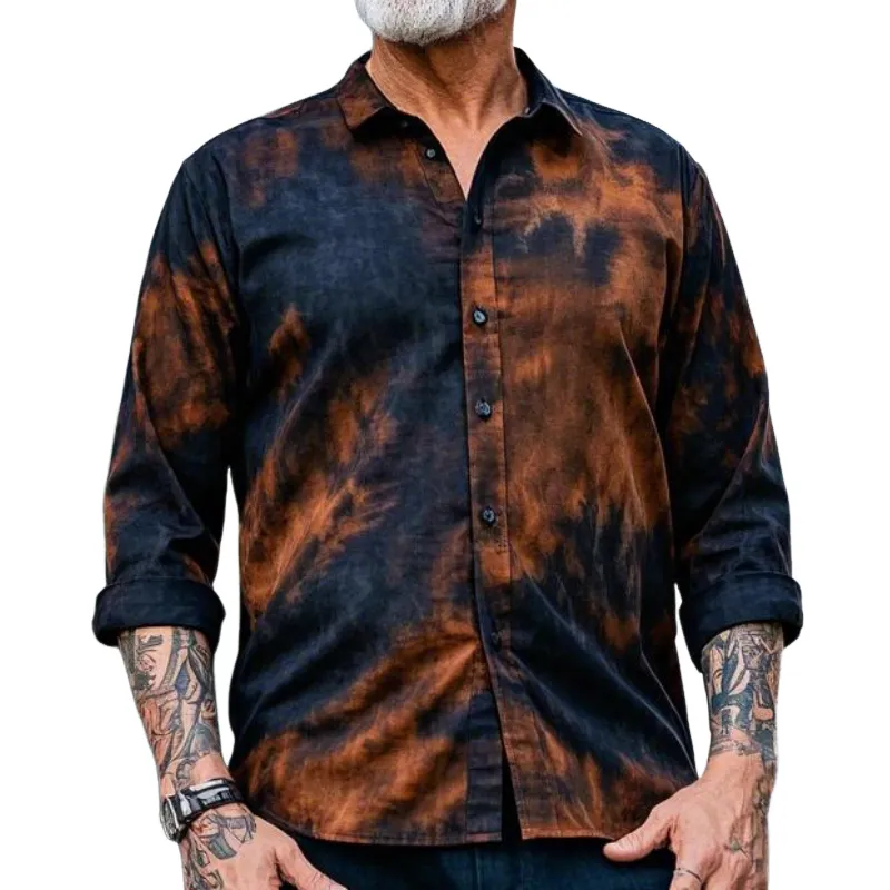 Men's Casual Vintage Lapel Tie-dye Printed Cotton Blend Long-sleeved Shirt 68024771F sold by Manly