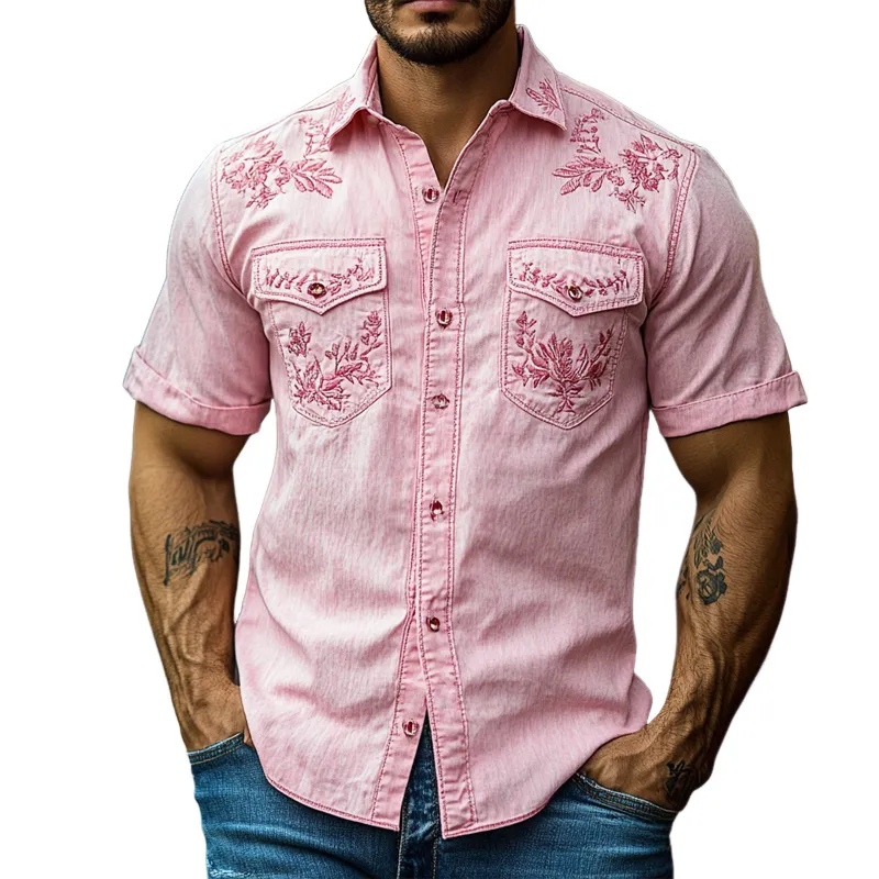 Men's Casual Pink Vintage Embroidered Blended Short-sleeved Shirt 49648498U sold by Manly
