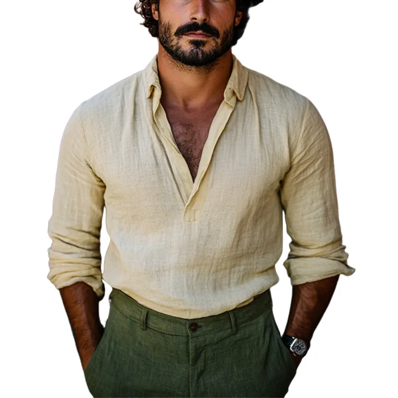 Men's Casual Skin-friendly Cotton and Linen V-neck Long-sleeved T-shirt 13437039U sold by Manly