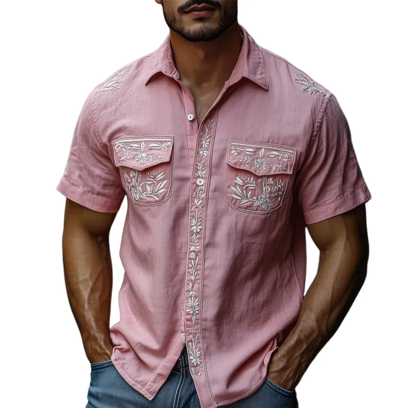 Men's Casual Pink Vintage Embroidered Blend Short-sleeved Shirt 73106502U sold by Manly