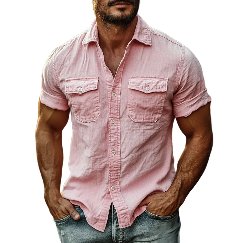Men's Casual Pink Cotton and Linen Short-sleeved Shirt 30364009U sold by Manly