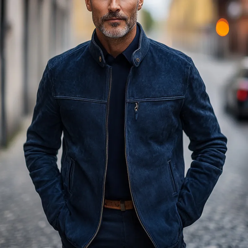 Men's Vintage Navy Suede Stand Collar Zip-Up Jacket 75171071U sold by Manly product image thumbnail 3